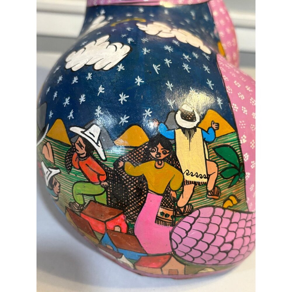 Hand Painted & Handmade Cat Purple Village Scene Pottery Tonala Mexico Folk Art - Picture 3 of 10